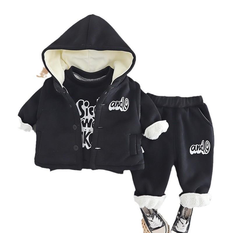 キッズ 男の子 セットアップ 秋冬 3点セット 裏起毛 厚手 フード付き ロゴデザイン 綿 コットン 長袖 長ズボン 防寒 カジュアル 普段使い お出かけ 通学 黒 ダークグレー ダークグリーン