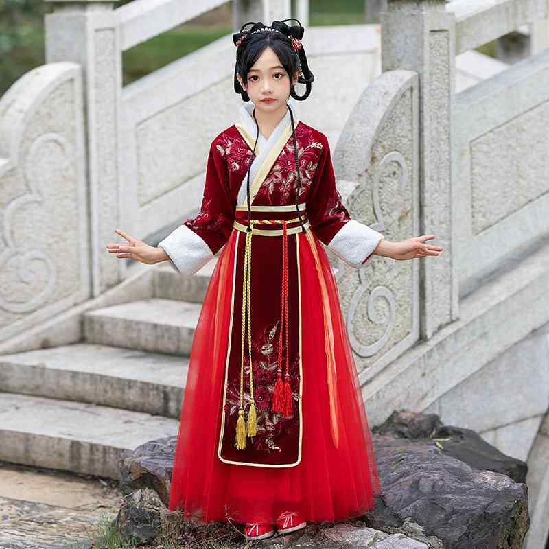唐装 女の子 キッズ 漢服 襦裙 チャイナドレス 中国服 旧正月 新年 春節 お祝い 発表会 厚手 華やか 上品 かわいい ワインレッド ポリエステル 麻混 秋冬