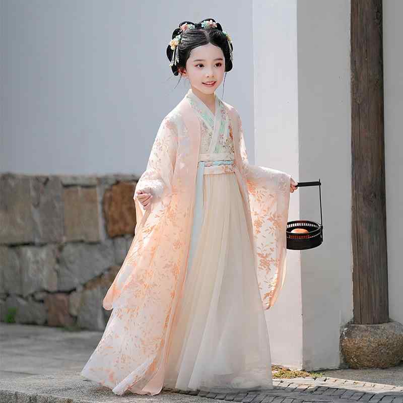 漢服 キッズ 女の子 春夏 大袖トップス 交襟 襦裙 中国風 古典衣装 唐装 民族衣装 プリンセス 優雅 華やか チュール ポリエステル 無地 オレンジ シャンパン