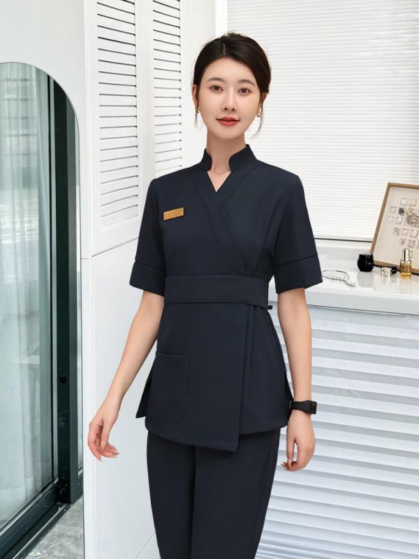 ユニフォーム レディース 春夏 美容師 エステ SPA サロン フットケア スキンケア 高級感 上品 エレガント パンツスタイル セットアップ ポリエステル