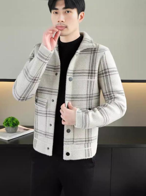 ジャケット メンズ 秋冬 襟付き チェック柄 ポリエステル スタイリッシュ シングルボタン 通勤 ビジネス オフィス カジュアル タウンユース サイドポケット