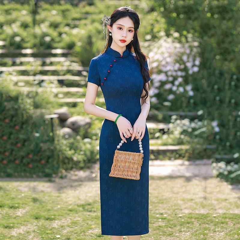 チャイナドレス レディース 女性用 紺色 ダークブルー ロング丈 マキシ丈 半袖 ショートスリーブ レトロ クラシカル モダン 改良 Aライン ラウンドネック 丸首 ポリエステル 普段使い デイリー お出かけ 春夏 5,016円