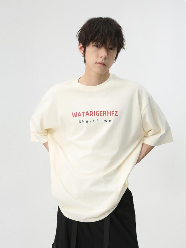 半袖Tシャツ メンズ アメリカン カレッジスタイル 英字ロゴ 綿 コットン クルーネック ルーズシルエット ビッグシルエット カジュアル 普段使い 夏 トップス 黒 ベージュ