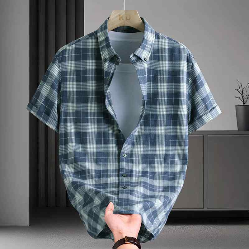 シャツ メンズ 男性用 半袖 チェック柄 レギュラーカラー 綿混 コットンブレンド 形態安定 通勤 ビジネス オフィス 普段使い カジュアル トップス グレー系 レッド系 グリーン系 春夏