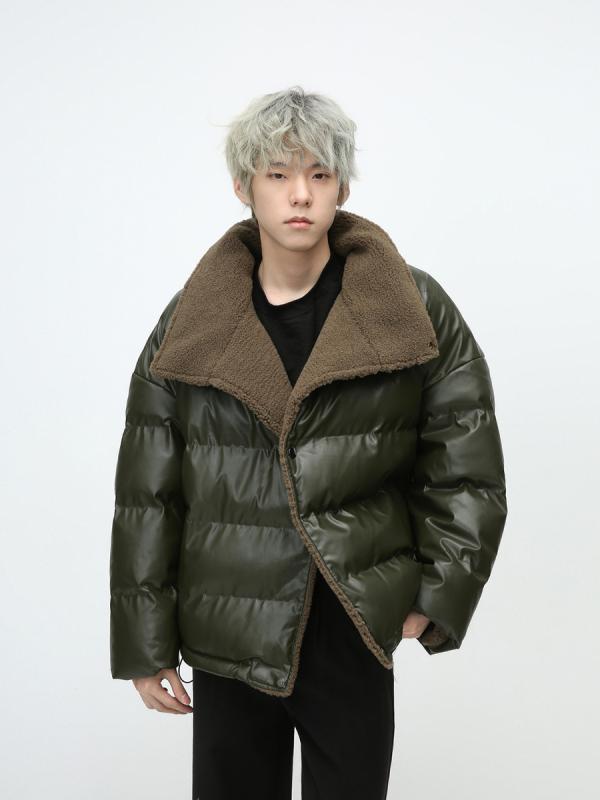 中綿ジャケット メンズ 韓国ファッション ストリート系 フェイクレザー 裏起毛 ゆったり ビッグシルエット アウター 保温性 カジュアル 秋冬 ジップアップ スタンドカラー ジャンパー|way-ugo
