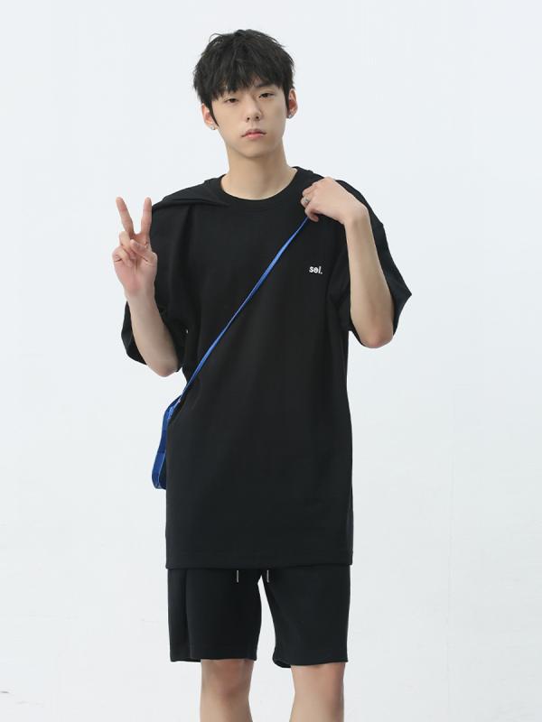 メンズ カジュアルセットアップ ベーシック 半袖Tシャツ ハーフパンツ 上下2点セット 小ロゴ ヘビーウェイト320g 綿混素材 吸湿速乾 普段使い ルームウェア 春夏