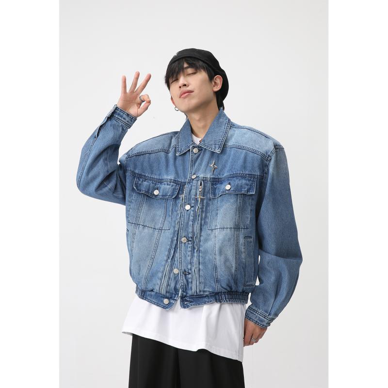 ジャケット メンズ 肩パッド入り デニム Gジャン ゆったり リラックスフィット オーバーサイズ ウエストゴム 裾ゴム 綿 長袖 襟付き 耐摩耗性 春夏 ブラック ブルー 普段使い カジュアル|way-ugo