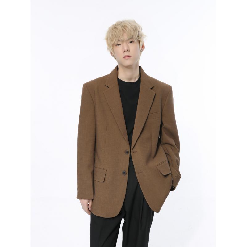 ジャケット メンズ 春夏 テーラードジャケット 無地 シンプル レトロ ビッグシルエット ゆったり 高級感 韓国ファッション カジュアル アウター ストレッチ素材 ポリエステル混 ブラック ブラウン
