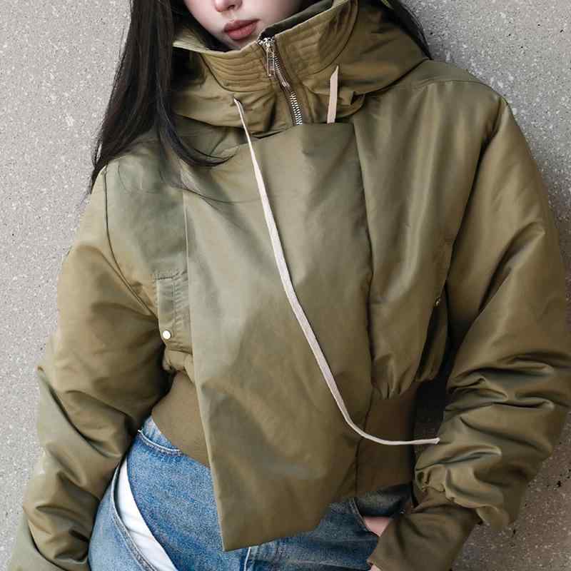 中綿ジャケット レディース 冬 アメリカンスタイル 個性的 フード付き ドローストリング カジュアル 着回し デザイン性 レトロ ストリート ポリエステル 中綿 グリーン アウター 長袖｜way-ugo