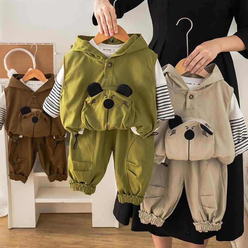 セットアップ 男の子 キッズ 子供 幼児 フード付きベスト 長袖 ロングパンツ 3点セット クマ柄 ポケット 春秋 綿 かわいい カジュアル 韓国風 普段使い お出かけ着 柔らかい