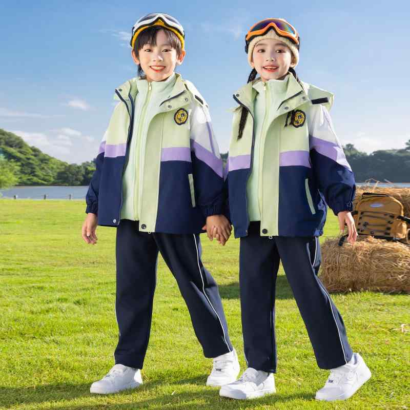 制服 キッズ 小学生 幼稚園 男女兼用 男の子 女の子 ウェアセット 3点セット ウインドブレーカー 撥水 防風 フード付き ジップアップ ポリエステル 綿混 オールシーズン 通学用 普段使い 学校行事 スポーツ アウトドア