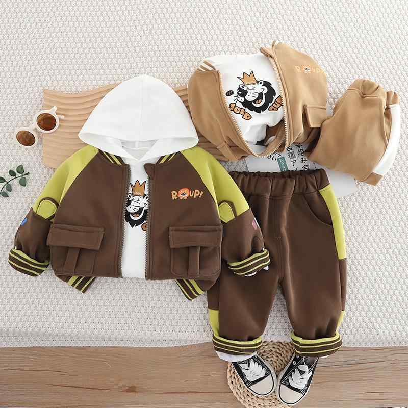 キッズ セットアップ 男の子 野球服風 フード付き パーカー スウェット ジップアップ 3点セット 韓国風 スポーツ カジュアル 綿混 動物柄 おしゃれ 普段使い 通学 春秋 長ズボン