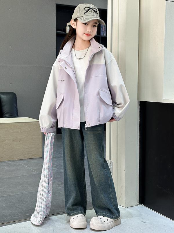 ジャケット キッズ 女の子 ジュニア 切り替え フード付き マウンテンパーカー ウィンドブレーカー ブルゾン ジップアップ 長袖 ポリエステル アウター 韓国風 カジュアル 通学用 普段使い アウトドア 春秋 パープル イエロー