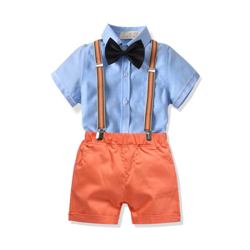 セットアップ 男の子 キッズ 綿 コットン 格子柄 チェック柄 半袖シャツ トップス ショートパンツ 半ズボン サスペンダー 蝶ネクタイ 4点セット 発表会 イベント お出かけ 普段使い 柔らかな肌触り カジュアル 欧米風