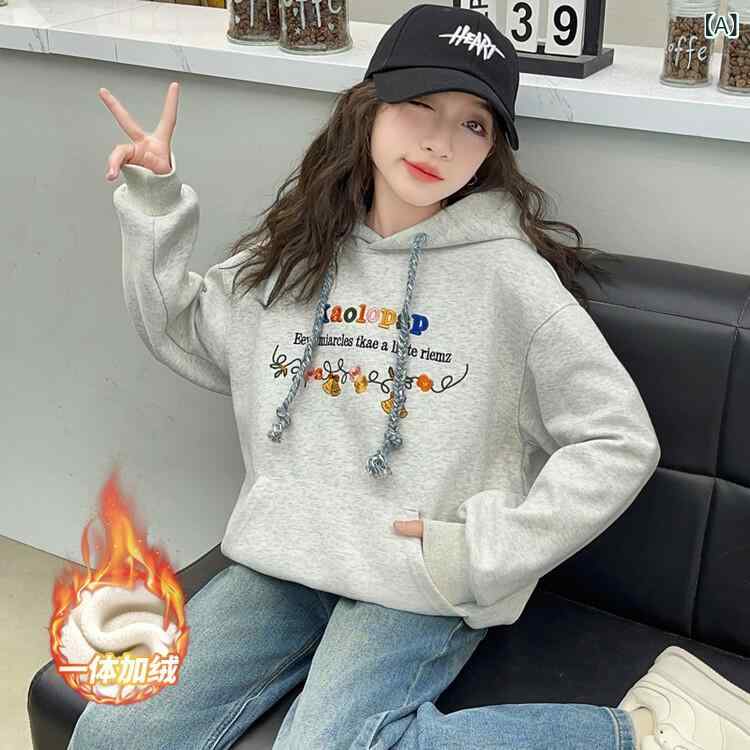パーカー 女の子 ジュニア 裏起毛 厚手 長袖 プルオーバー カジュアル おしゃれ トレンド 秋冬 コットン 綿 柔らか素材 防寒 保温 グレー アルファベット柄 普段使い 通学 ゆったり