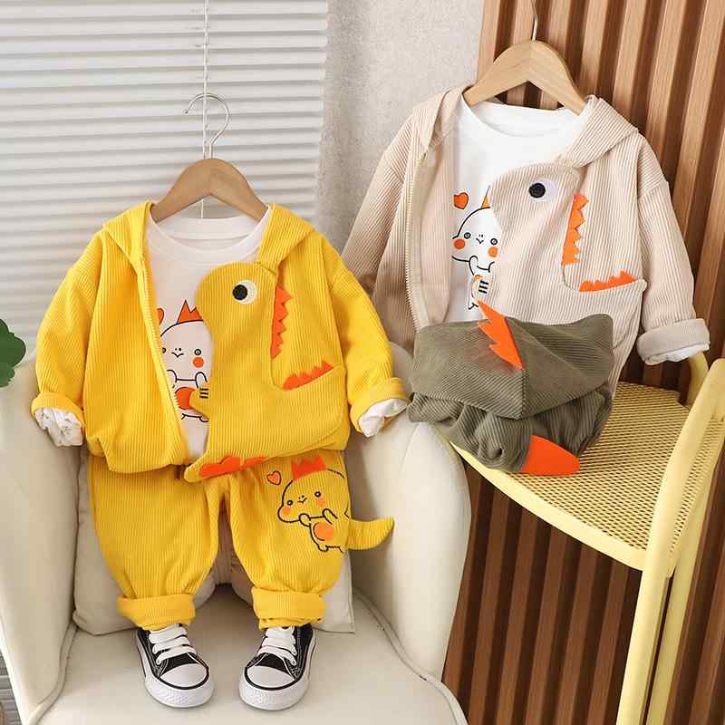 キッズ 男の子 春秋 セットアップ 3点セット コーデュロイ フード付き 恐竜 ジップアップ 長袖 上下セット カジュアル おしゃれ