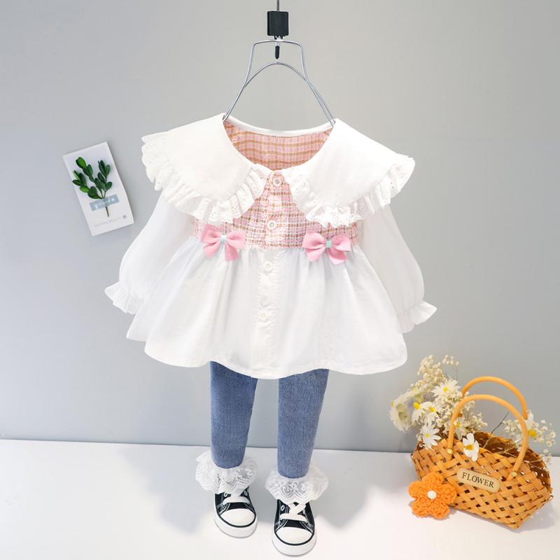 子供服 女の子 ベビー 春秋 セットアップ 上下セット 2点セット パンツセット かわいい ガーリー スウィート ビッグカラー チェック柄 リボン 長袖 プルオーバー 綿 コットン 柔らかい お出かけ着 80-120cm ピンク系