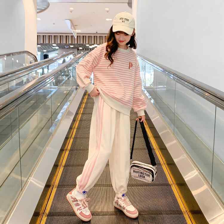セットアップ 女の子 ジュニア 春秋冬 パンツ ツーピース 上下セット 綿 長袖 ストライプ柄 裏起毛 やわらか素材 おしゃれ カジュアル 普段着 お出かけ ピンク パープル