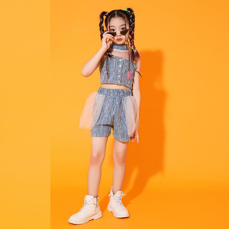 ダンス衣装 キッズ ガールズ ジャズダンス ヒップホップ ストリートダンス 発表会 ステージ 練習着 おしゃれ トレンド カジュアル デニム セットアップ ポリエステル 動きやすい 韓国風