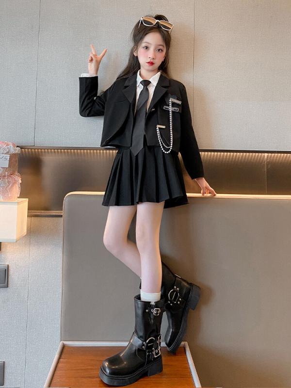 セットアップ キッズ 女の子 小学生 高学年 中学生 JK制服風 ジャケット スカート シャツ スリーピース 韓国風 スクールテイスト おしゃれ 春秋 長袖 綿混 無地