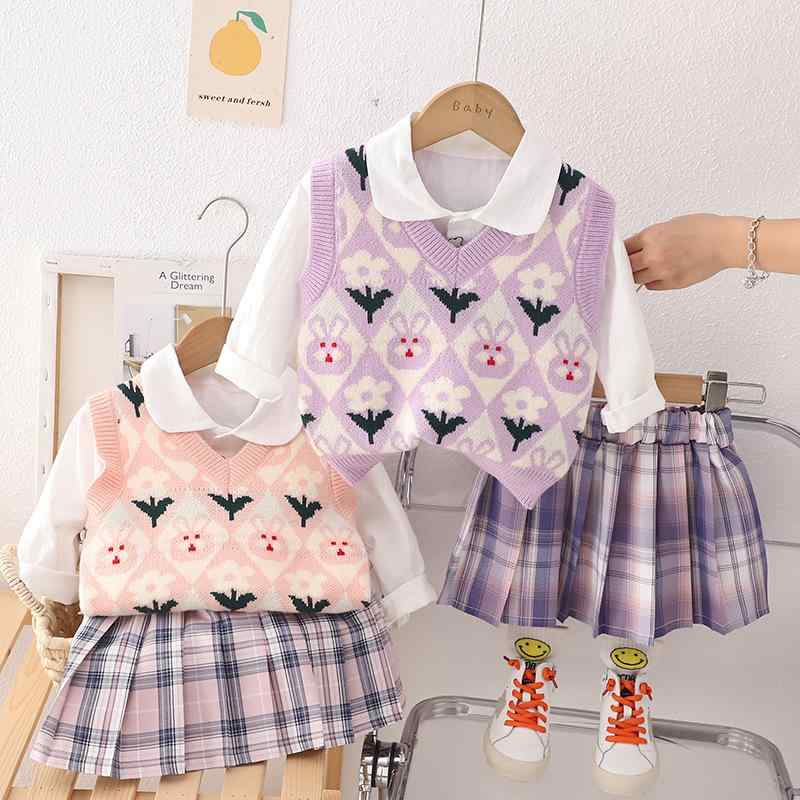 子供服 女の子 セットアップ スリーピース 3点セット ひし形 うさぎ ニット セーター ベスト プリーツスカート 韓国ファッション オルチャン 春秋 綿 コットン 普段使い お出かけ 柔らかい 快適 ピンク パープル