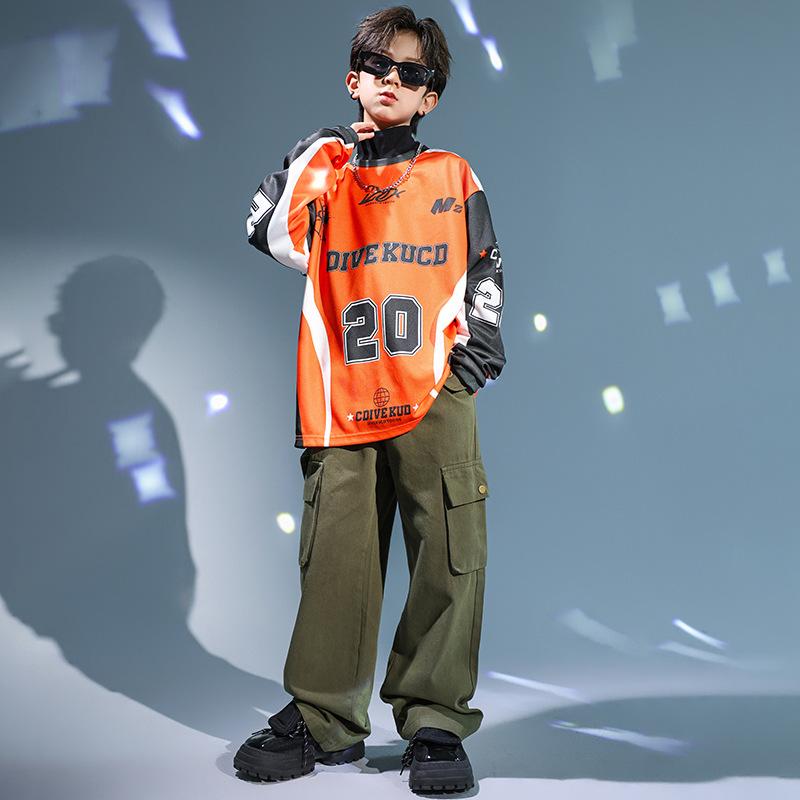 ダンスウェア キッズ 男の子用 ジュニア ヒップホップ ストリート系 衣装 発表会 パフォーマンス ドラム ステージ セットアップ 上下セット 綿 コットン 春秋 おしゃれ トレンド カジュアル