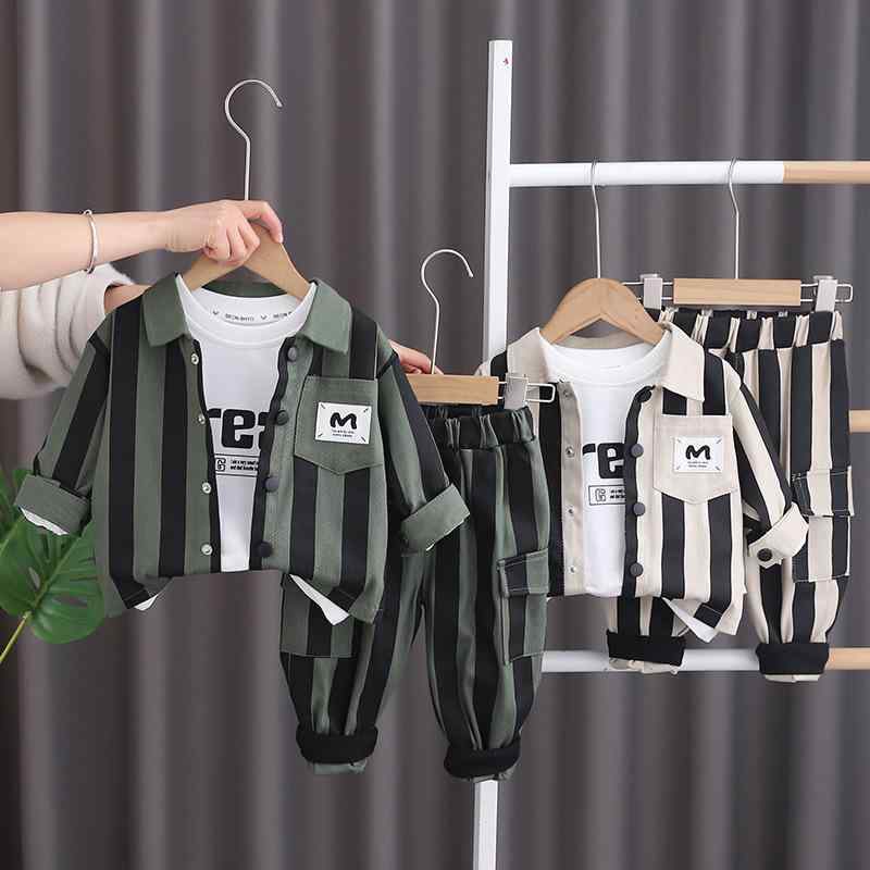 ベビー服 男の子 キッズ 春秋 セットアップ ストライプ柄 ジャケット 3点セット 長袖 コットン 韓国風 カジュアル 柔らかい肌触り ベージュ グリーン 前開き