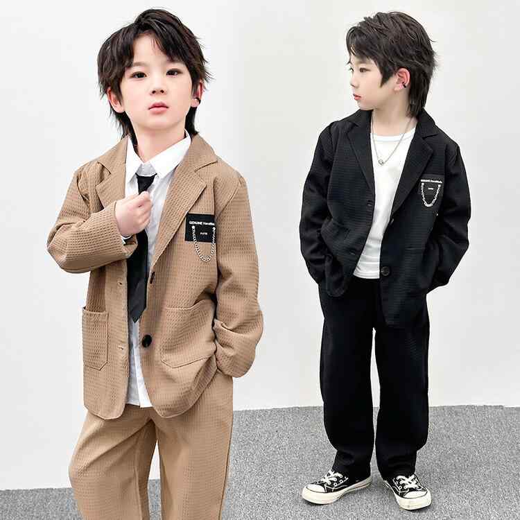 ジャケット 男の子 ジュニア 春秋 スーツ セットアップ テーラード襟 長袖 シングルボタン 無地 ポリエステル 柔らか素材 カジュアル トレンド 普段使い お出かけ 発表会