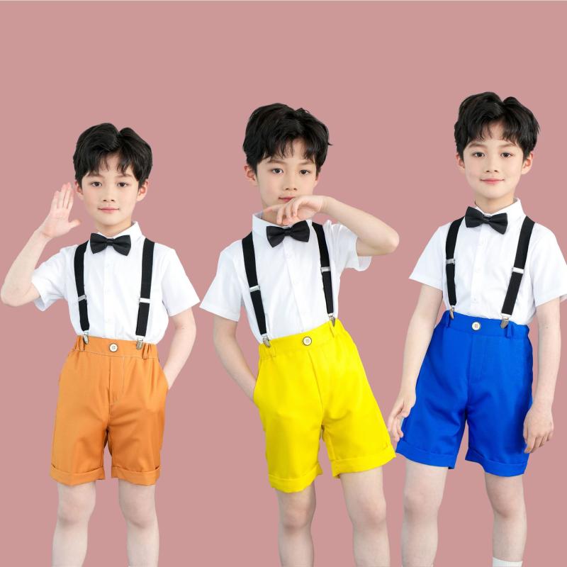キッズ 男の子 女の子 サロペット ショート丈 半袖シャツ セットアップ 発表会 合唱 幼稚園 司会 朗読 舞台衣装 フォーマル スクールスタイル