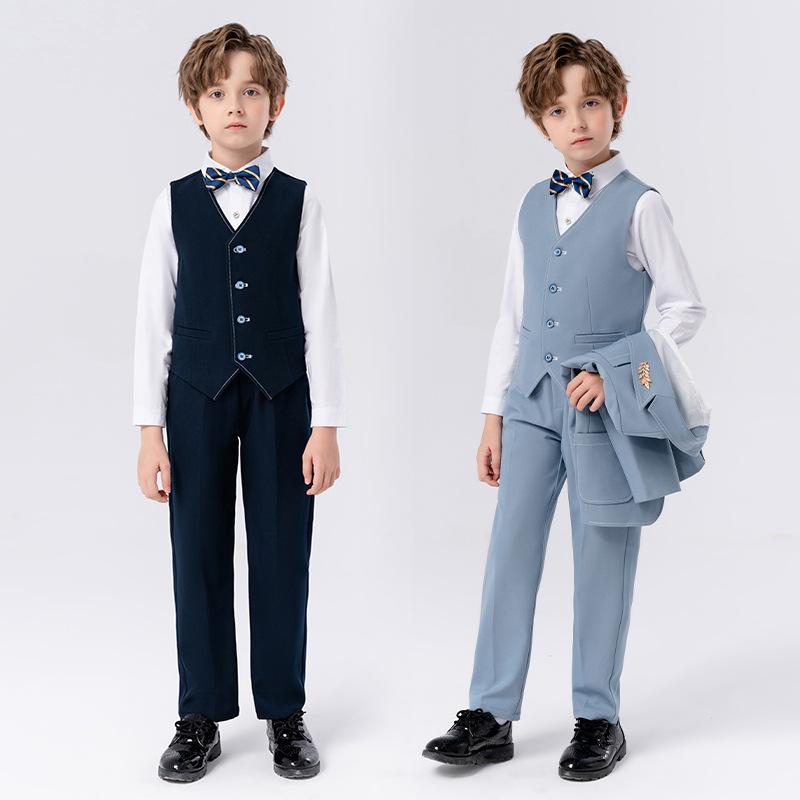 スーツ 男の子 キッズ 男児 フォーマルスーツ ベスト ジレ セットアップ スリーピース ロングパンツ ポリエステル素材 ソフトな肌触り シングルボタン 韓国風 ピアノ発表会 演奏会 結婚式 七五三 卒業式 入学式 記念撮影 フラワーボーイ グレーブルー