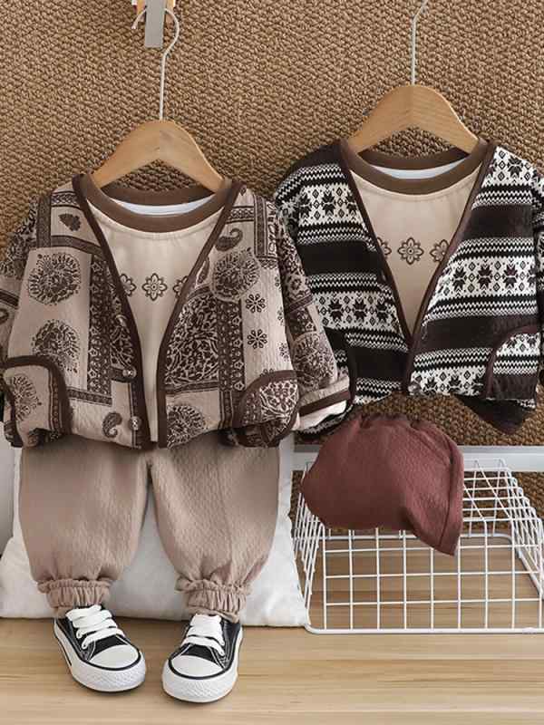ベビー服 男の子 セットアップ 春秋 3点セット レトロ カジュアル 長袖 前開き ジャケット 長ズボン コットン 綿麻素材 ストライプ柄 プリント ソフト加工 ブラウン ブラック