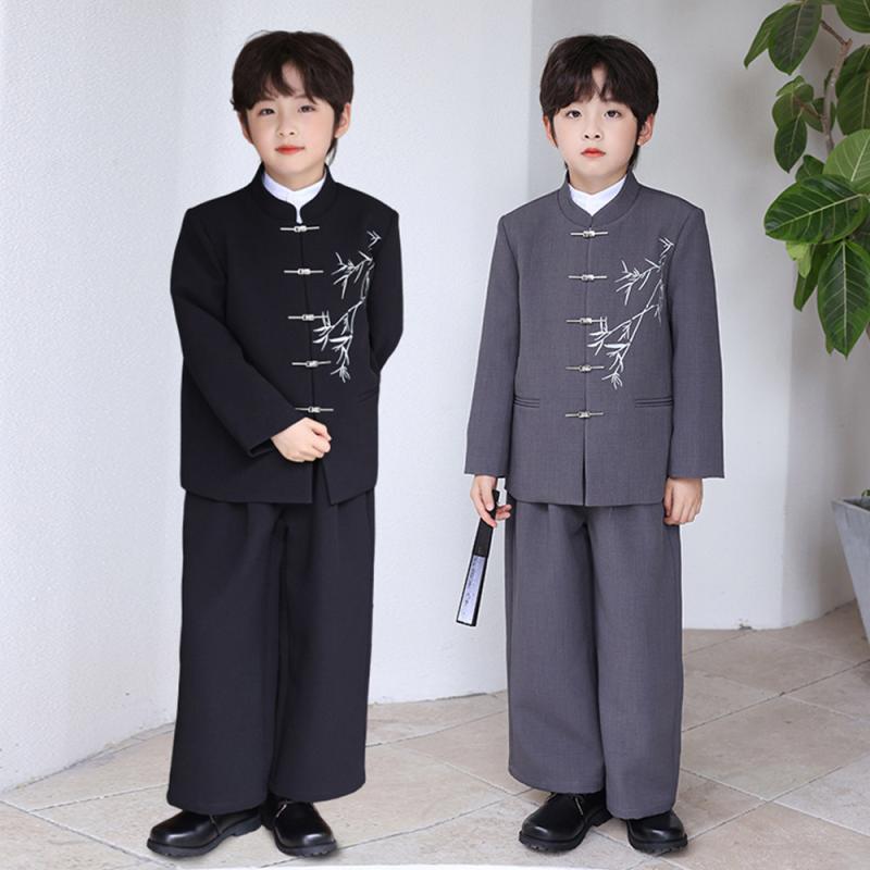 セットアップ 男の子 新中式 中華風 レトロ クラシック 国潮スタイル 中山服 唐装 発表会 卒業式 演奏会 衣装 フォーマル 立ち襟 長袖 長ズボン スリーピース ポリエステル 秋冬 グレー ブラック