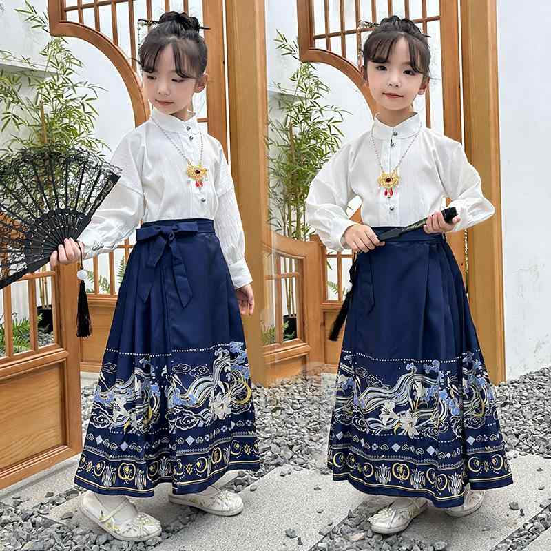 漢服 男の子 子供 馬面スカート 花柄 プリント セットアップ 中国風 古風 民族衣装 ポリエステル 綿裏地 柔らかな肌触り 春秋