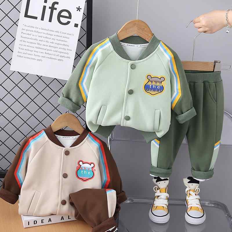 キッズ 男の子 カジュアル セットアップ 長袖 クマ柄 カラフル ベースボールジャケット 前開き シングルボタン 2点セット 綿 コットン 柔らかい 配色切り替え 春秋 パンツ スポーツ