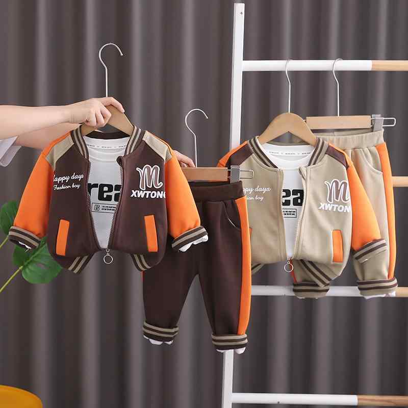 キッズ 男の子 幼児服 Mロゴ ベースボールウェア セットアップ スポーツ 3点セット 長袖 フルジップ ソフトな肌触り 綿素材 カジュアル 春秋 ブラウン カーキ