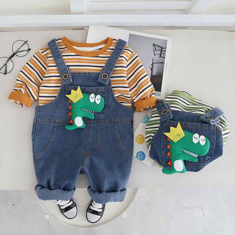 ベビー服 男の子 春秋 長袖 セットアップ コットン素材 ストライプ 恐竜柄 オーバーオール サロペット 上下セット ツーピース 普段使い カジュアル