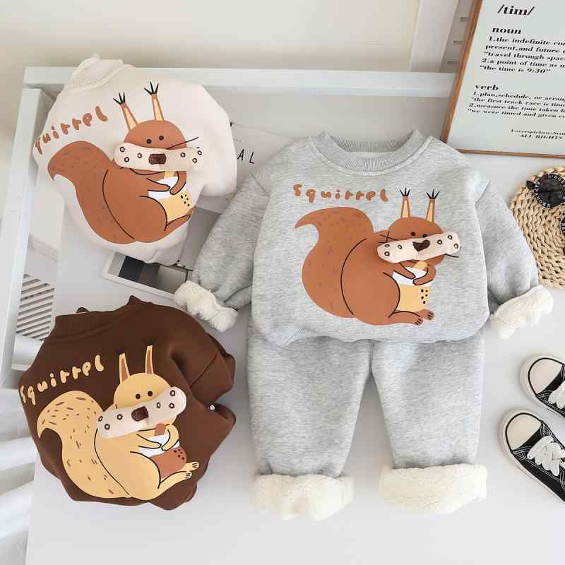 キッズ 男の子 セットアップ 秋冬 裏起毛 スウェット プルオーバー 上下セット 長袖 長ズボン 2点セット 暖かい 防寒 保温 かわいい キャラクター 動物柄 カジュアル 普段着 ベビー服