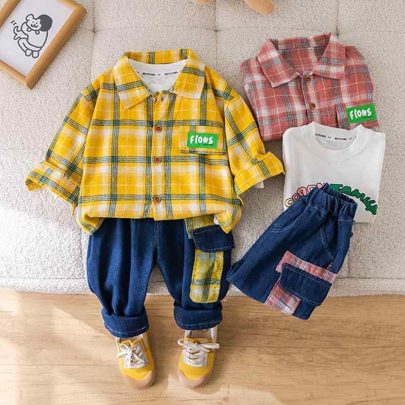 セットアップ キッズ 男の子 春秋 コットン チェック柄 長袖シャツ パンツ アルファベット柄 動物柄 キャラクター柄 3点セット 柔らか加工 シングルボタン カジュアル