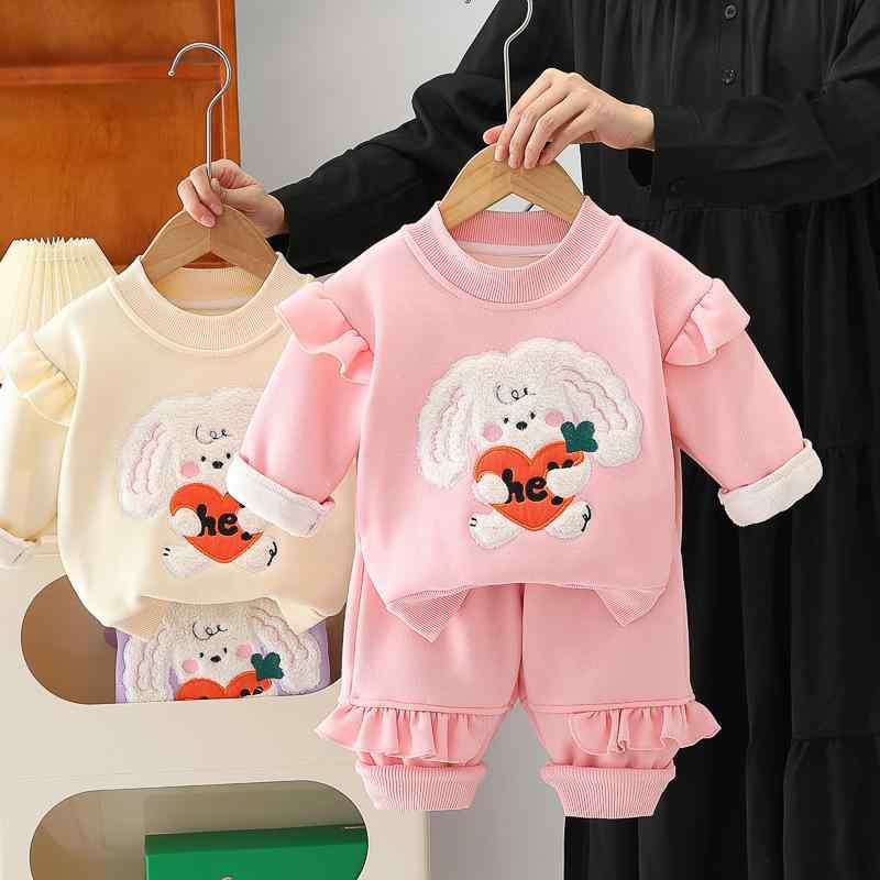 ベビー 女の子 秋冬 フリース 裏起毛 セットアップ フード付き フリル うさぎ かわいい キャラクター 綿 ピンク パープル アイボリー 上下セット 韓国子供服 普段使い お出かけ 保温 あったか