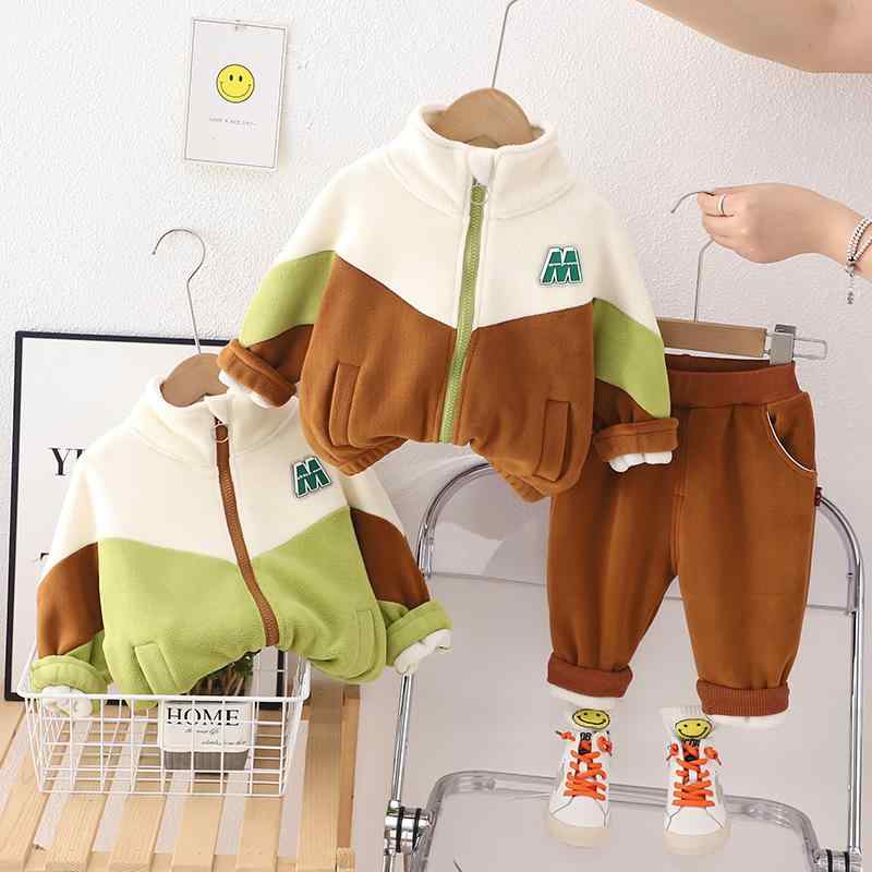 ベビー服 男の子 秋冬 フリース 裏起毛 スタンドカラー ジップアップ 長袖 トップス 長ズボン ロングパンツ カジュアル あったか 暖かい 防寒 コットン 綿 2点セット セットアップ 子供服 ブラウン系 グリーン系