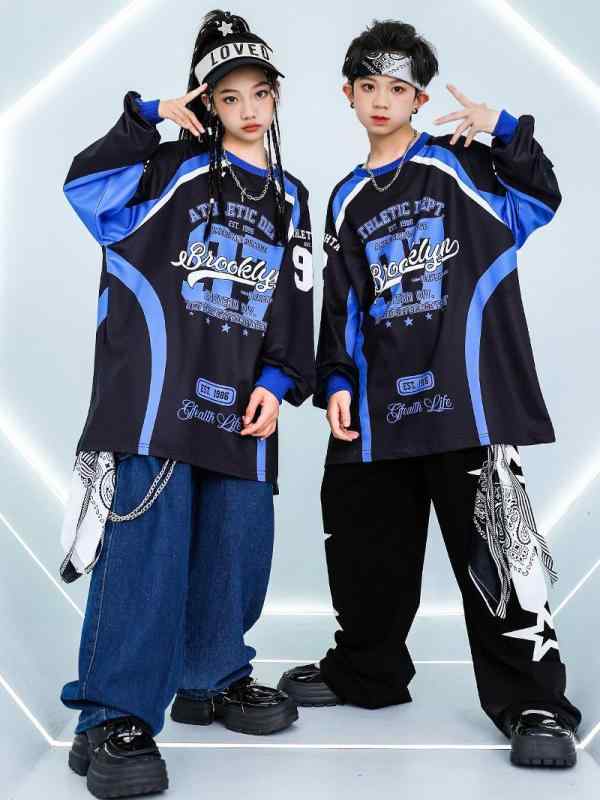 キッズ 男の子 女の子 ヒップホップ ストリート ダンス衣装 発表会 舞台 パフォーマンス ドラム セットアップ 上下セット スウェット パーカー 長ズボン ブラック ブルー トレンド ファッション 春秋