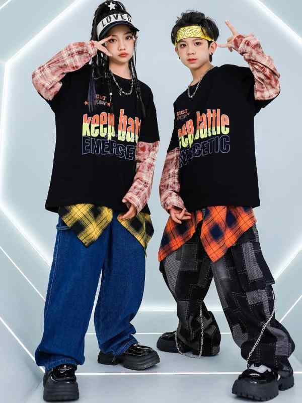 ダンス衣装 キッズ 男の子 女の子 ストリート系 ストリートダンス ヒップホップ クール フェイクツーピース シャツ トップス セットアップ 発表会 ステージ イベント 春秋