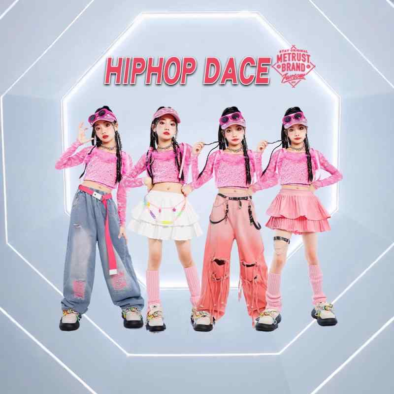 ダンス 衣装 女の子 キッズ ジャズダンス ヒップホップ スパンコール セットアップ 発表会 ステージ パフォーマンス ドーパミンカラー カラフル ポップ 練習着 舞台 華やか トレンド ピンク 綿