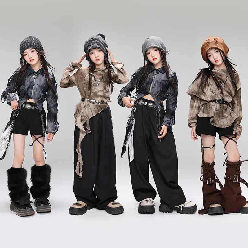 ダンスウェア ガールズ キッズ ジャズ ストリートダンス ヒップホップ 韓国系 セットアップ 上下セット 発表会 舞台 衣装 ポストアポカリプス風 ファッション トレンド 綿 ポリエステル 秋冬