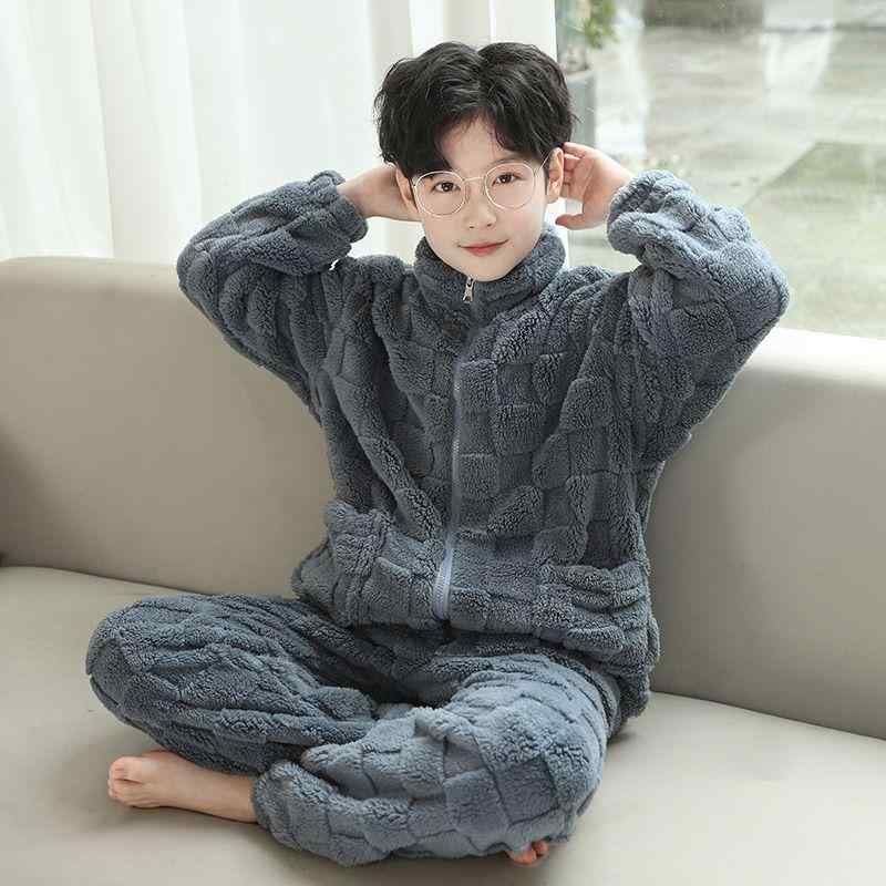 パジャマ 男の子 キッズ ジュニア サンゴフリース 裏起毛 厚手 ルームウェア 秋冬 上下セット 保温 あったか 柔らかい 部屋着 普段使い カジュアル 長袖長ズボン グレー ブルー アイボリー