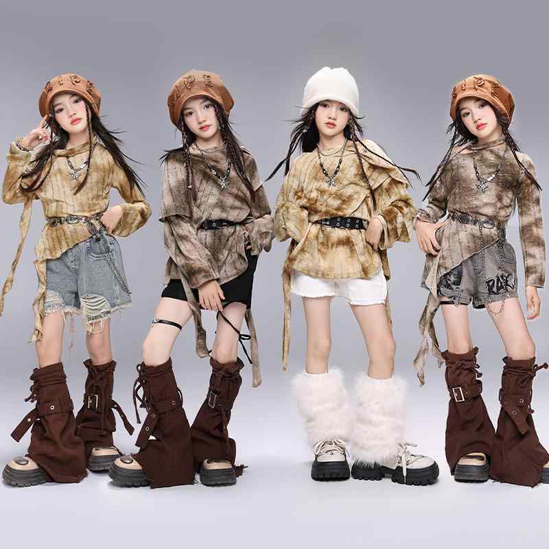 ダンス衣装 女の子 ジャズ ストリートダンス 廃墟風 セットアップ 子供服 発表会 パフォーマンスウェア 秋冬 トレンド ファッション ヒップホップ 綿 コットン 中高学年向け