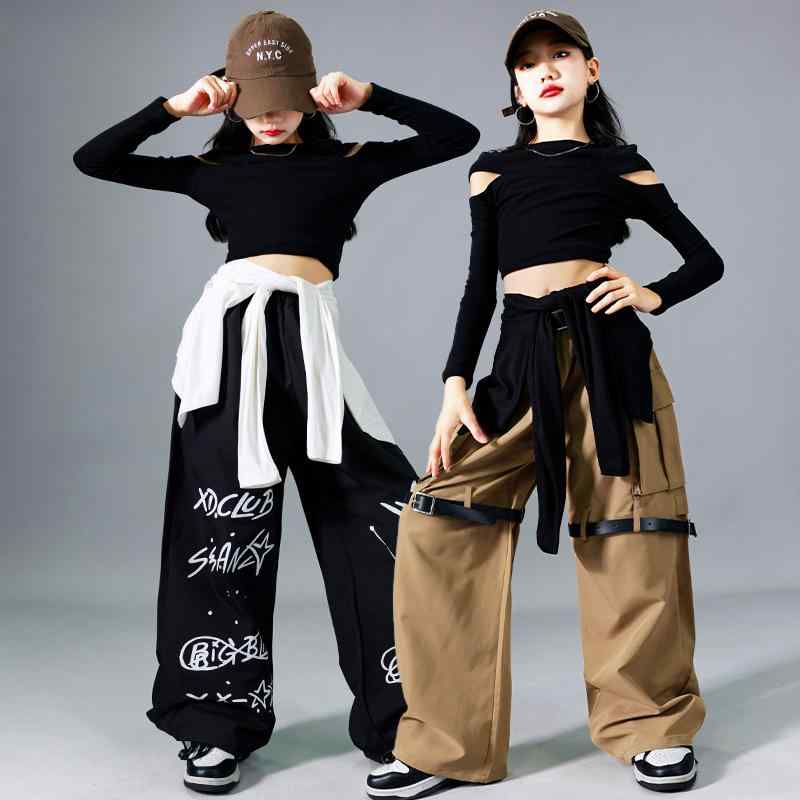 キッズ ダンス ガールズ ジャズ ストリート ヒップホップ 発表会 練習着 レッスン 長袖 トップス スリムフィット パンツ 上下セット おしゃれ 黒 ポリエステル 春秋