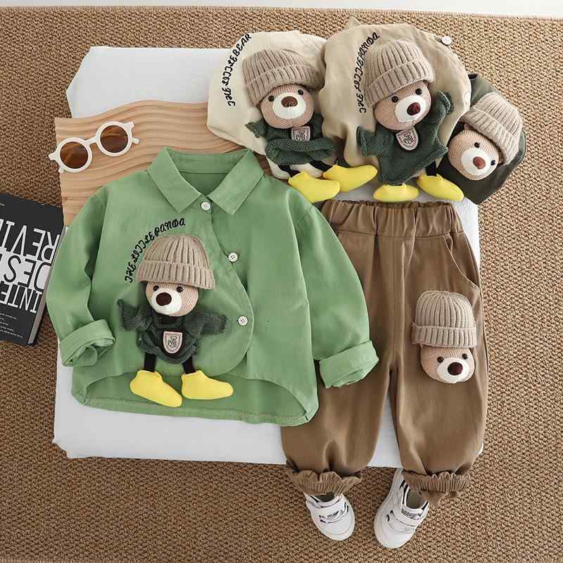 キッズ 男の子 春秋 セットアップ クマデザイン 長袖 シャツ パンツ 韓国風 おしゃれ かっこいい カジュアル 普段使い やわらかい コットン 2点セット