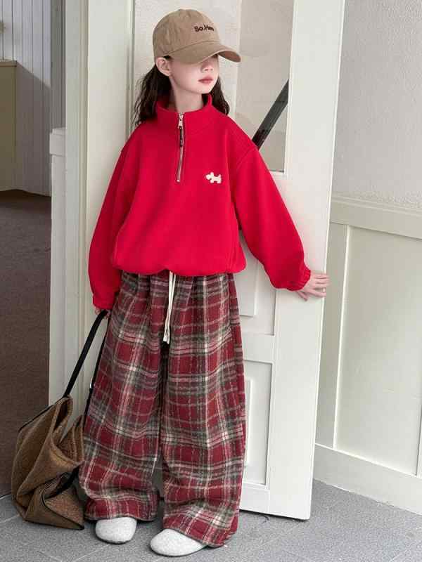 セットアップ ジュニア 女の子 裏起毛 スウェット 上下セット 赤 チェック柄パンツ 厚手 冬物 防寒 普段使い コットン ポリエステル カジュアル 2点セット