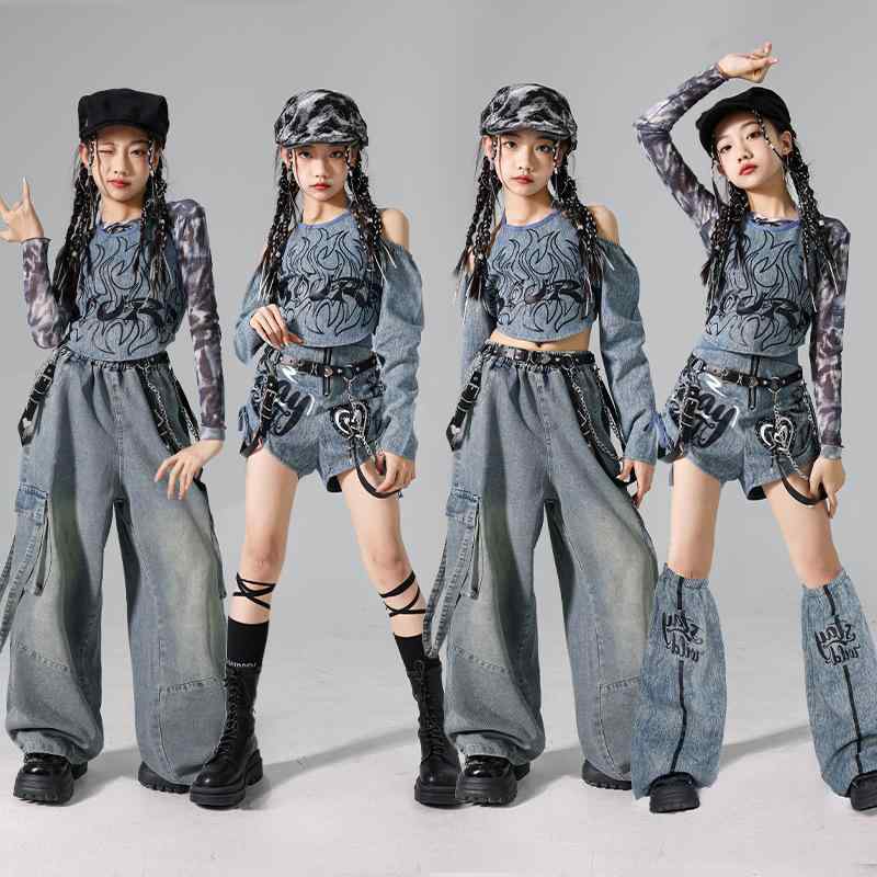 キッズ 女の子 ジュニア ダンス衣装 ジャズ ストリート ガールズグループ 発表会 舞台用 デニムセットアップ ツーピース ヒップホップ ファッションショー ランウェイ 春秋 ポリエステル カジュアル